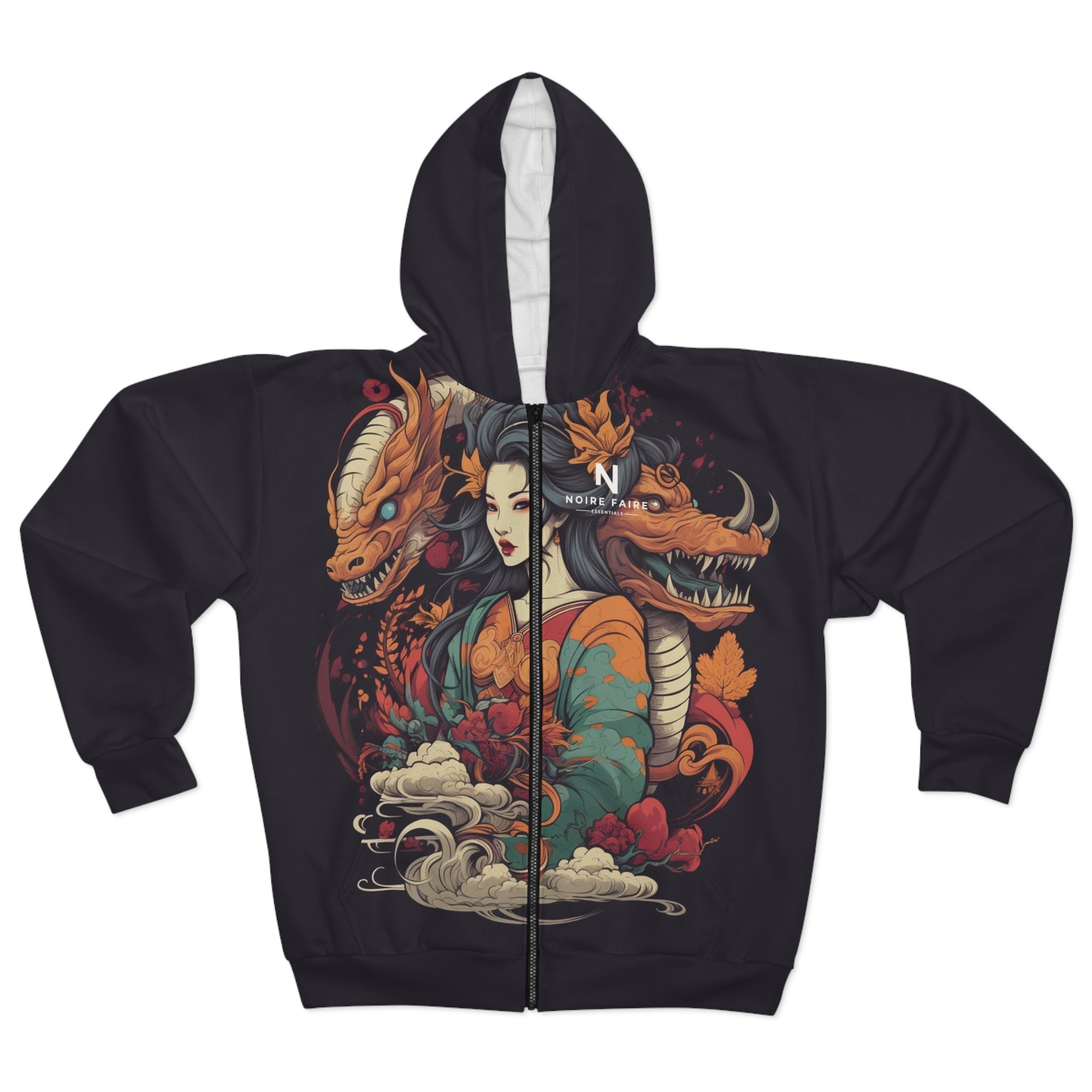 Geisha Dragon Noire Faire Geometric Zip Hoodie - Noire Faire