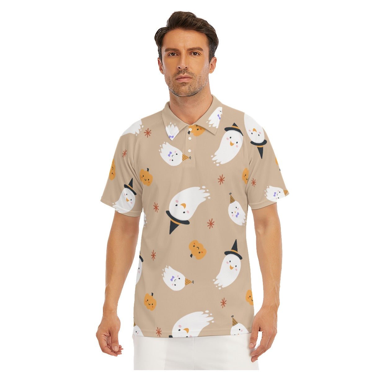 Ghost Print Men's Short Sleeve Polo Shirt With Button Closure - Noire Faire