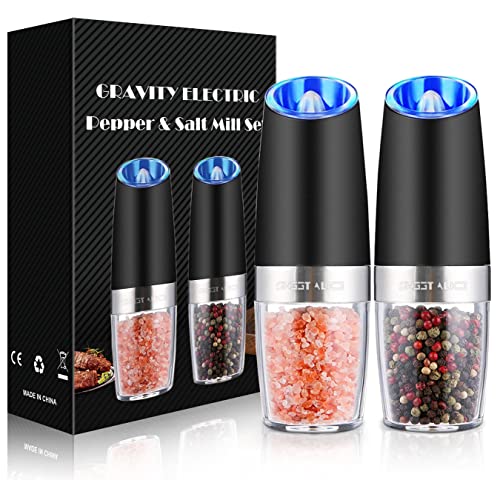 Gravity Electric Pepper and Salt Grinder Set, Adjustable Coarseness, Battery Powered with LED Light, One Hand Automatic Operation, Stainless Steel Black, 2 Pack - Noire Faire