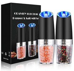 Gravity Electric Pepper and Salt Grinder Set, Adjustable Coarseness, Battery Powered with LED Light, One Hand Automatic Operation, Stainless Steel Black, 2 Pack - Noire Faire