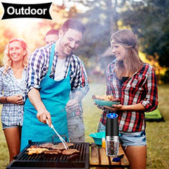 Gravity Electric Pepper and Salt Grinder Set, Adjustable Coarseness, Battery Powered with LED Light, One Hand Automatic Operation, Stainless Steel Black, 2 Pack - Noire Faire