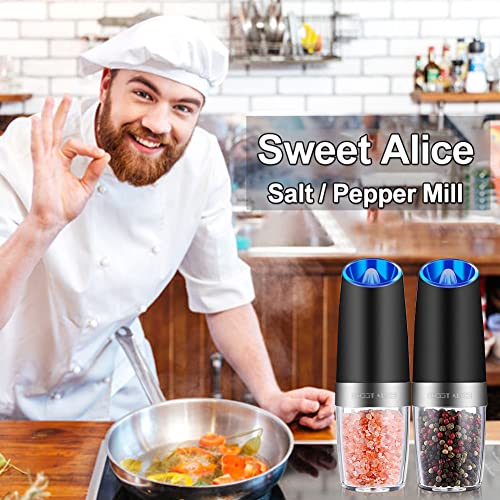 Gravity Electric Pepper and Salt Grinder Set, Adjustable Coarseness, Battery Powered with LED Light, One Hand Automatic Operation, Stainless Steel Black, 2 Pack - Noire Faire