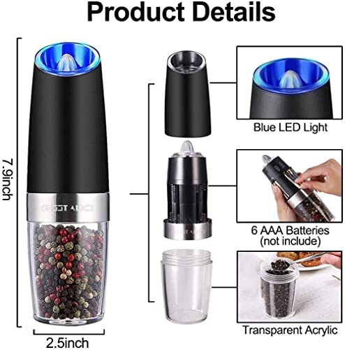 Gravity Electric Pepper and Salt Grinder Set, Adjustable Coarseness, Battery Powered with LED Light, One Hand Automatic Operation, Stainless Steel Black, 2 Pack - Noire Faire