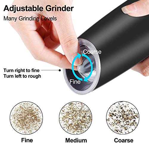 Gravity Electric Pepper and Salt Grinder Set, Adjustable Coarseness, Battery Powered with LED Light, One Hand Automatic Operation, Stainless Steel Black, 2 Pack - Noire Faire