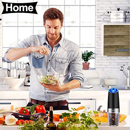 Gravity Electric Pepper and Salt Grinder Set, Adjustable Coarseness, Battery Powered with LED Light, One Hand Automatic Operation, Stainless Steel Black, 2 Pack - Noire Faire