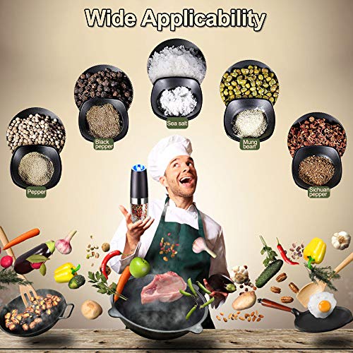 Gravity Electric Pepper and Salt Grinder Set, Adjustable Coarseness, Battery Powered with LED Light, One Hand Automatic Operation, Stainless Steel Black, 2 Pack - Noire Faire