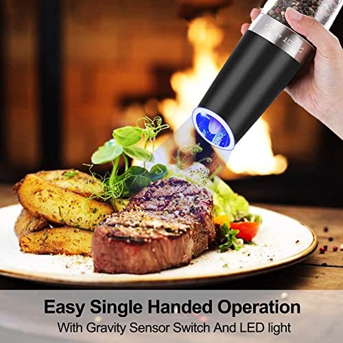 Gravity Electric Pepper and Salt Grinder Set, Adjustable Coarseness, Battery Powered with LED Light, One Hand Automatic Operation, Stainless Steel Black, 2 Pack - Noire Faire